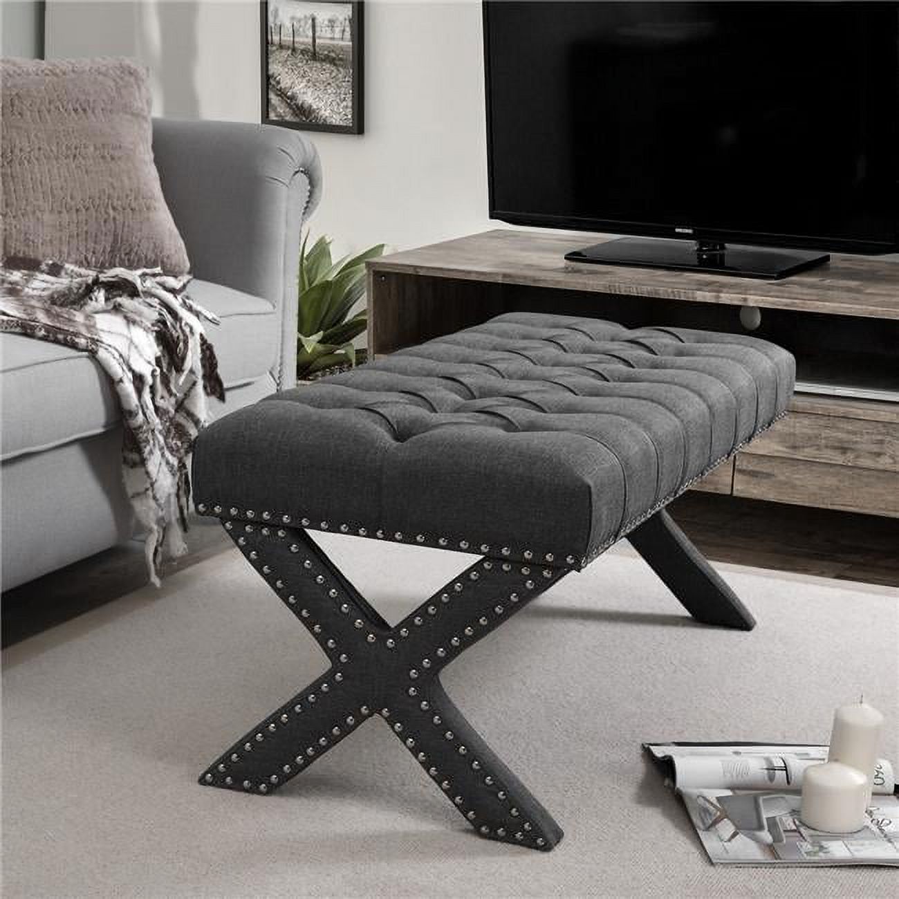 Posh Bench Posh Living Kennedy Tufted Linen Fabric Bench with Nailhead Trim in ...