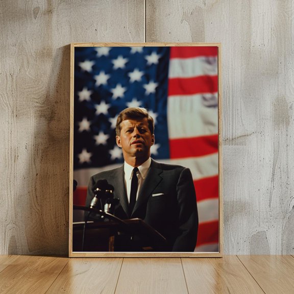 Kennedy Speech Portrait Style Wall Decor Retro Usa Flag Background National Hero Print 4Th Of July Gift Modern Home Decor