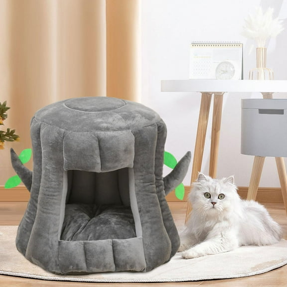 Kennel Dog Nest Tree Hole Design Nonslip Bottom Cushion Semi Enclosed Dog Bed Cave Cat Bed for Kitten Kitty Medium Large Cats , Gray
