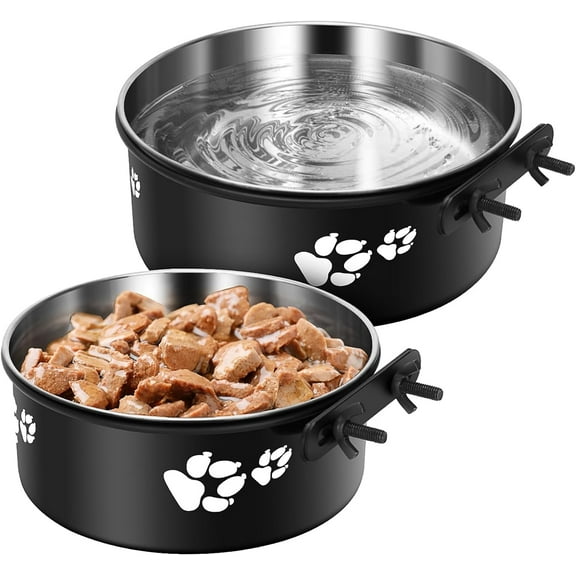 Kennel Water Bowl Hanging, 2 Pack Stainless Steel Food and Water Bowl for Dog Cage, Crate, Kennel Bowls Mountable for Medium and Small Dogs, Cats, Pet-L (54oz+34oz)Black