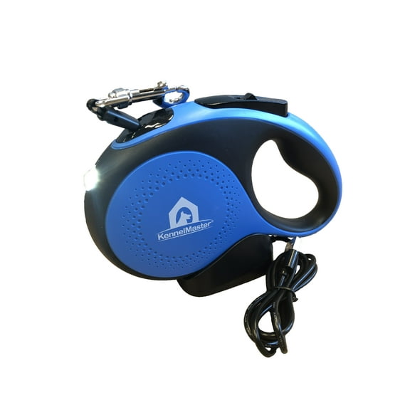 KennelMaster 16' Chrome & Plastic Retractable Dog Leash, Blue, M