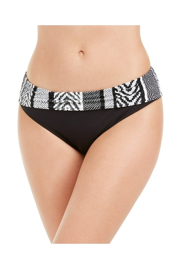 BLACK/WHITE Printed-Waist Hipster Bikini Swim Bottom, US Large