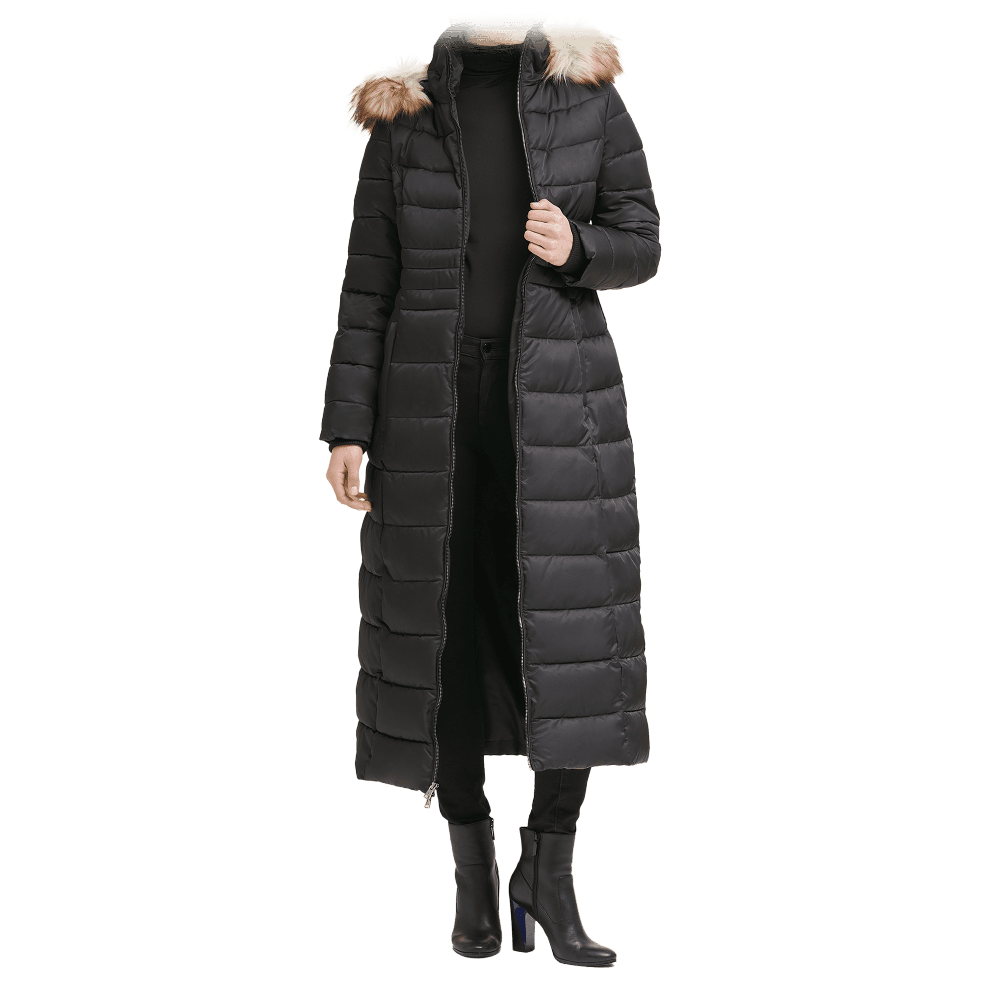 Kenneth Cole Faux Fur Trim Hooded Down-Alternative Puffer Maxi 