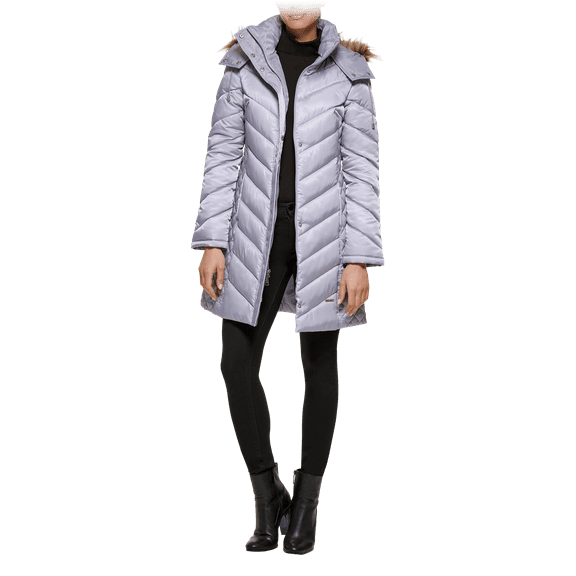 Kenneth Cole Heavyweight 3/4 Faux Fur Trim Hooded Puffer (Light Grey, Medium)