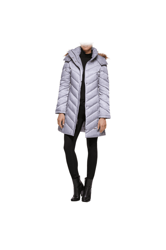 Heavyweight 3/4 Faux Fur Trim Hooded Puffer (Light Grey, Medium)