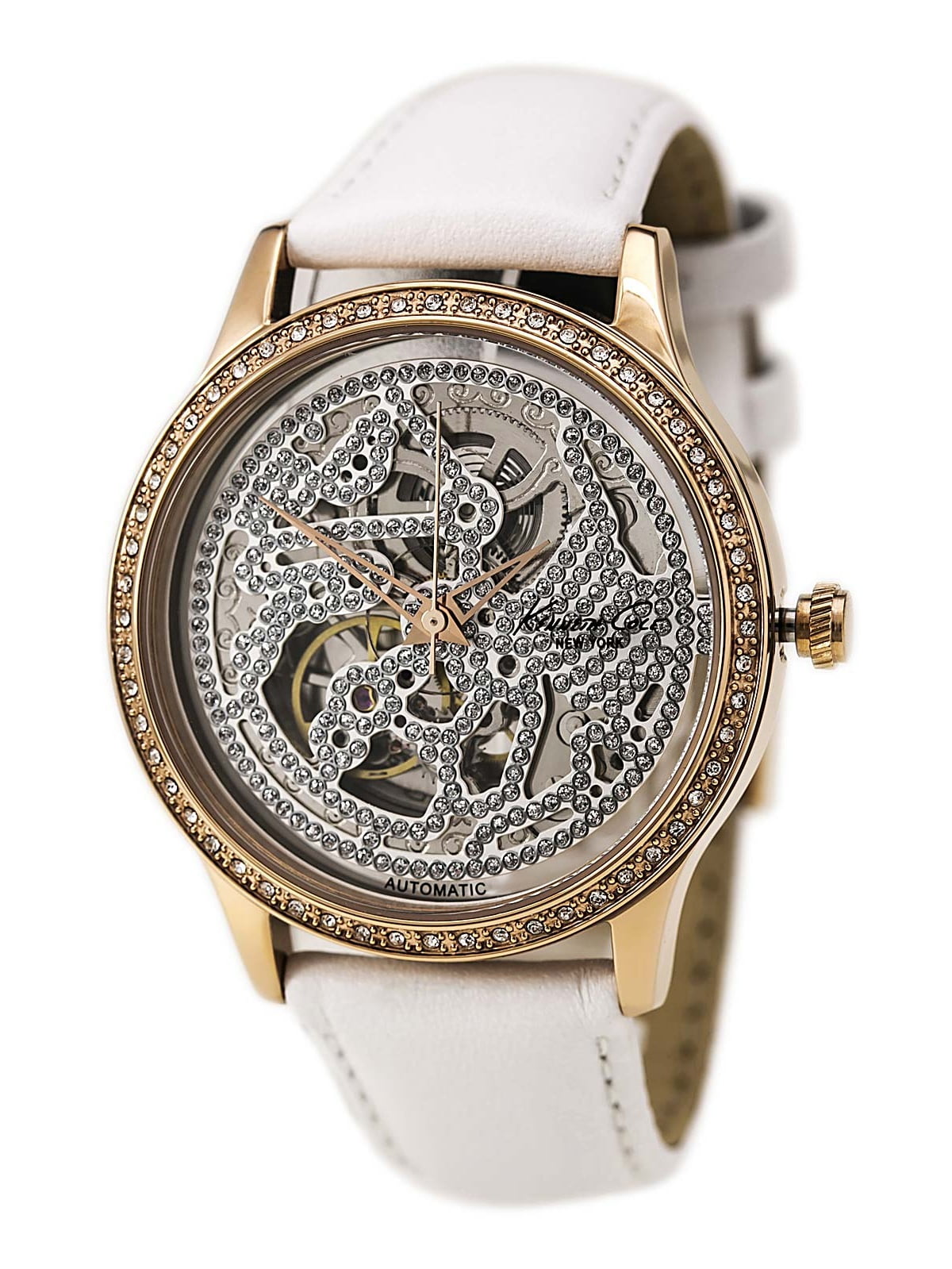 Kenneth Cole KC2885 Women s Automatic Crystal Accented Skeleton Dial White Leather Strap Watch Walmart