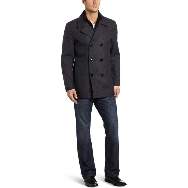 COLE Men's Double Breasted Wool Blend Peacoat with Bib Charcoal Grey XL