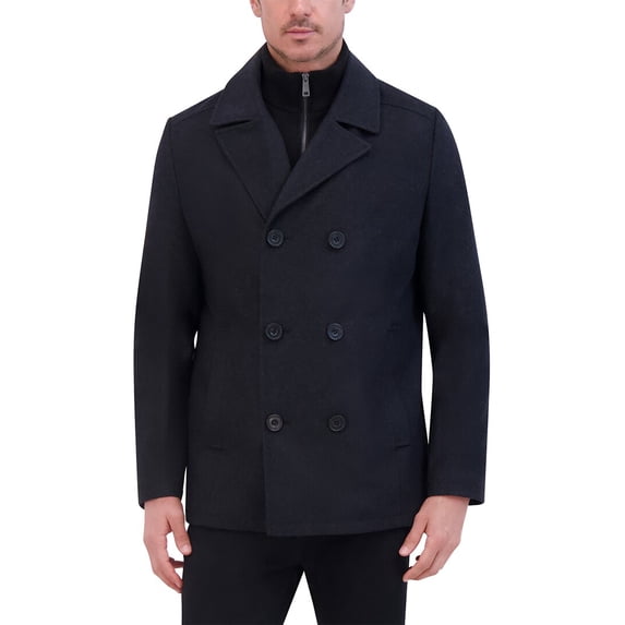 Kenneth Cole Men's Notched Lapel Wool Pea Coat Knit Bib, Charcoa