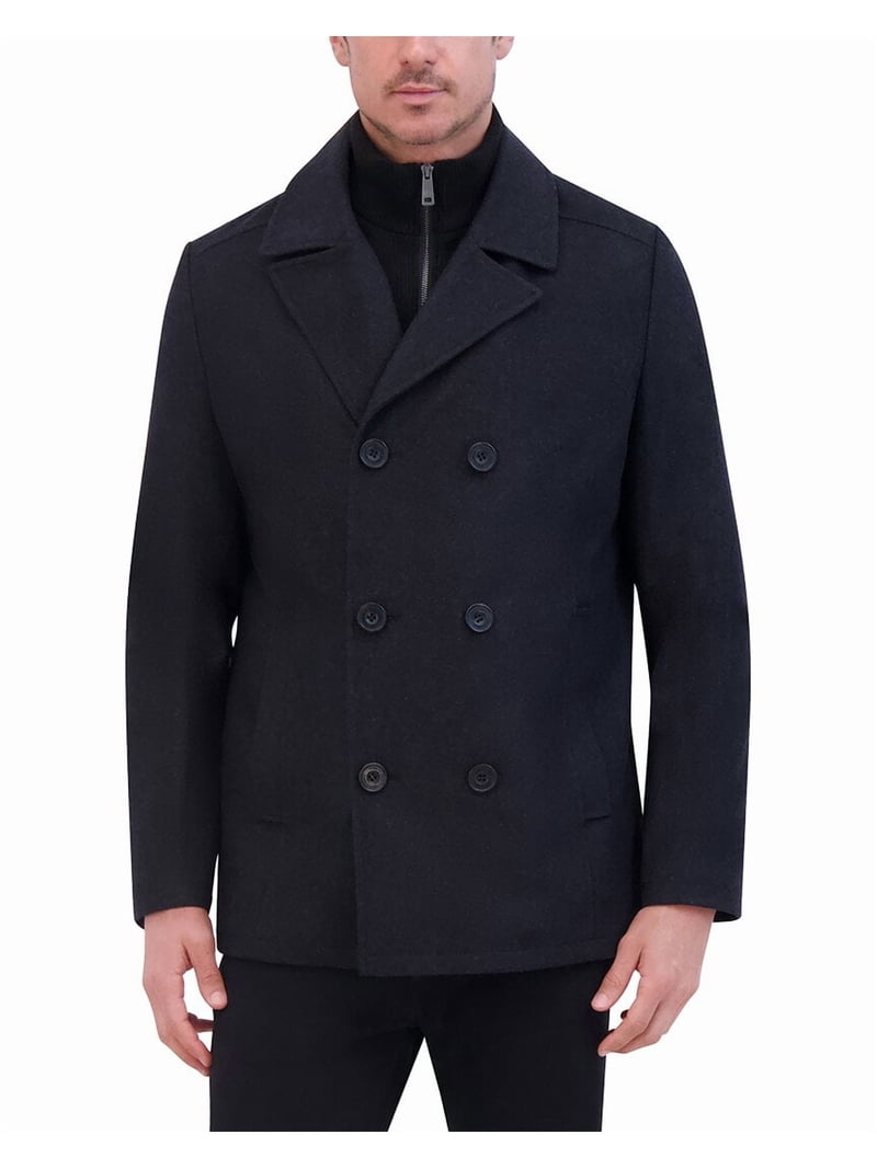 Kenneth Cole Men's Double Breasted Bib Peacoat, Pea Coat Charcoal