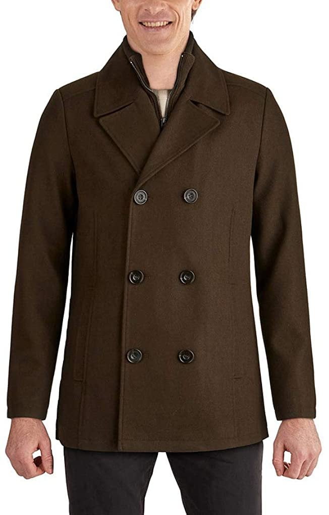 Kenneth Cole Men s Notched Lapel Wool Pea Coat Knit Bib Olive Walmart
