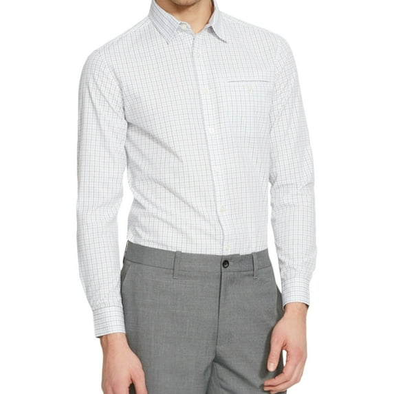 Kenneth Cole Mens Check Button Up Shirt, White, X-Large
