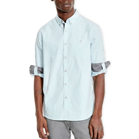 Kenneth Cole Mens Checked LS Button Up Shirt, Blue, XX-Large