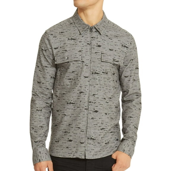 Kenneth Cole Mens Printed Zip-Front Button Up Shirt, Grey, Small