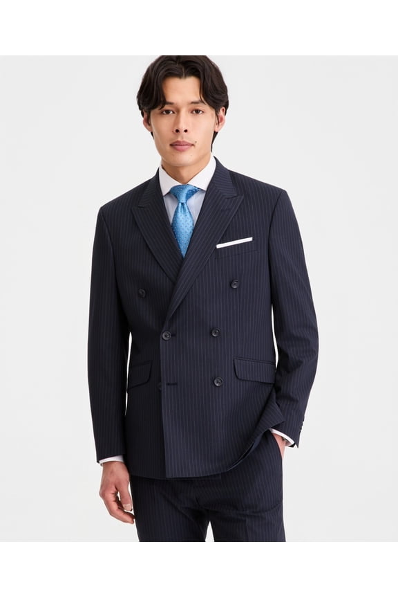 Mens Slim fit Double Breasted Suit Jacket Blazer 48 R Blue Striped