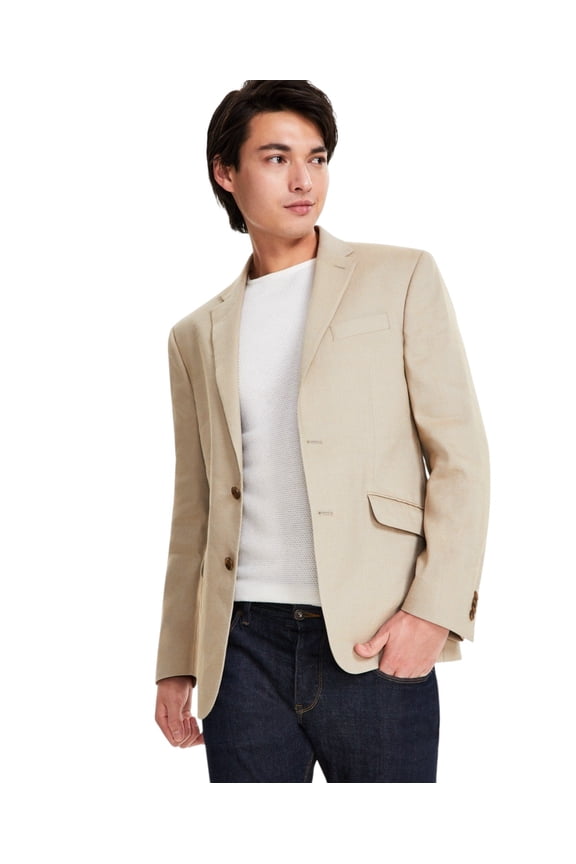 Mens Slim fit Sport Coat Blazer 38 L Tan Beige Solid Stretch Linen