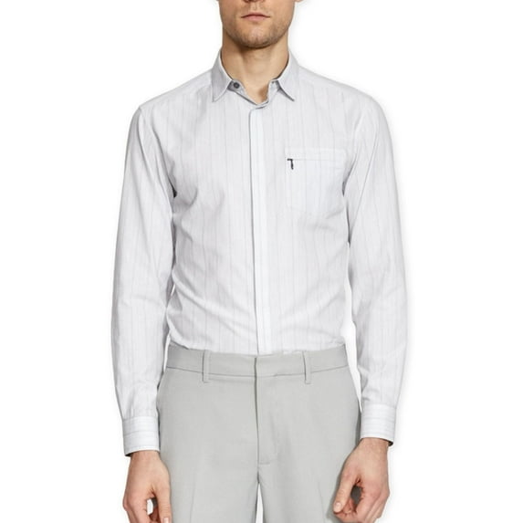 Kenneth Cole Mens Super Slim Stripe LS Button Up Shirt, Grey, XX-Large