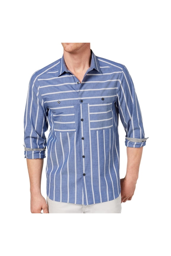 Mens Wide Stripe Button Up Shirt, Blue, Small
