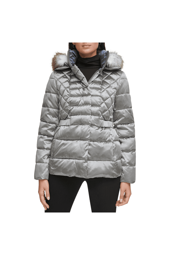 Mixed Quilted Metallic Puffer with Faux Fur Trimmed Hood (Gunmetal, Medium)