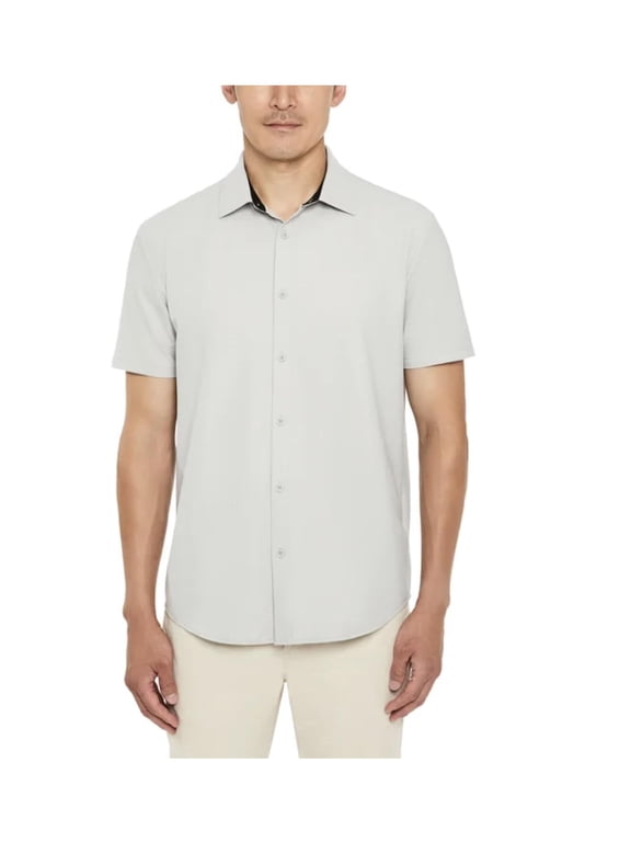 New York Men's Moisture Wicking Short Sleeve Textured Woven Button Up Shirt (US, Alpha, Medium, Regular, Regular, Gray)