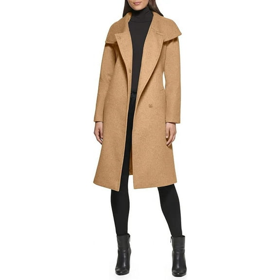 Kenneth Cole New York Womens 17OMW016 Wool-Blend Belted Tie Waist Wrap Coat - Camel - XL