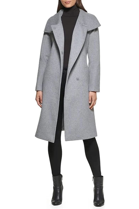 New York Womens 17OMW016 Wool-Blend Belted Tie Waist Wrap Coat - Light Grey - L