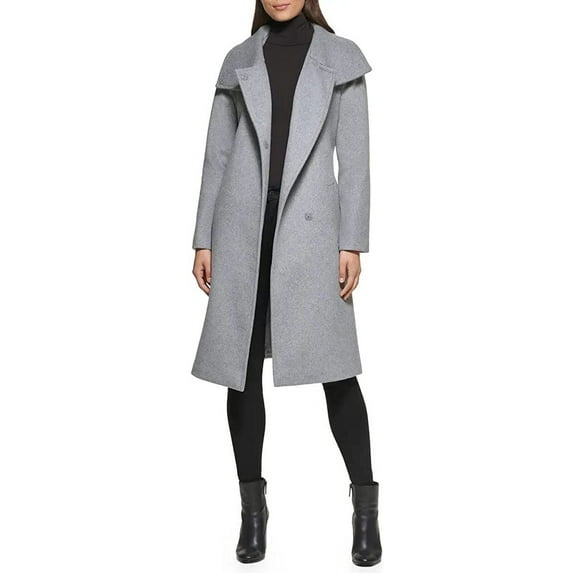 Kenneth Cole New York Womens 17OMW016 Wool-Blend Belted Tie Waist Wrap Coat - Light Grey - S