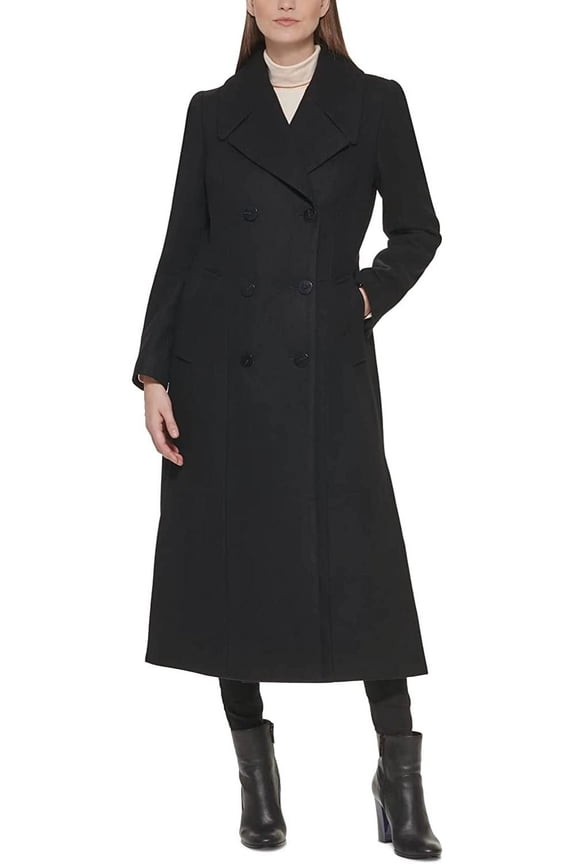 New York Womens 17OMW018 Double-Breasted Wool-Blend Full Length Peacoat - Black - 8