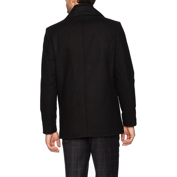 Kenneth Cole Men's Double Breasted Wool Peacoat with Rib Knit Bib, black, Medium