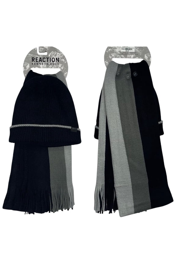Reaction Men 2 Piece Black Grey Stripe Beanie Hat Scarf Set