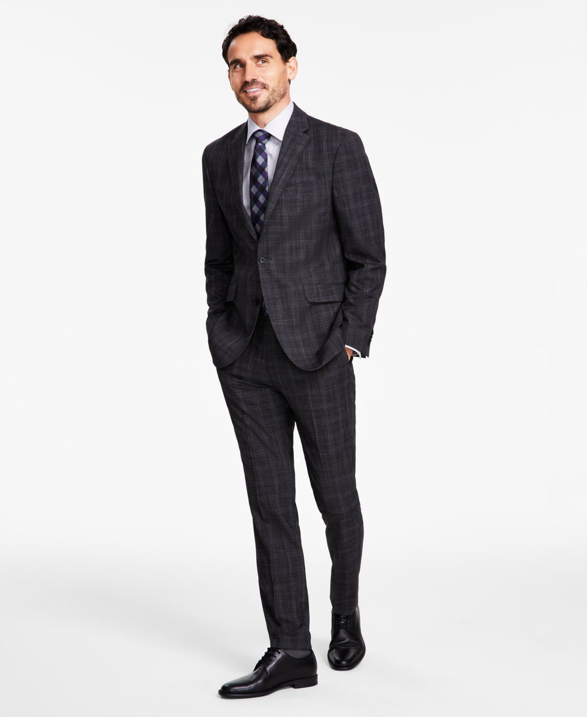 Kenneth Cole Reaction Men's Slim Fit Flex Stretch Suit 40R / 33 x 32 Grey Plaid