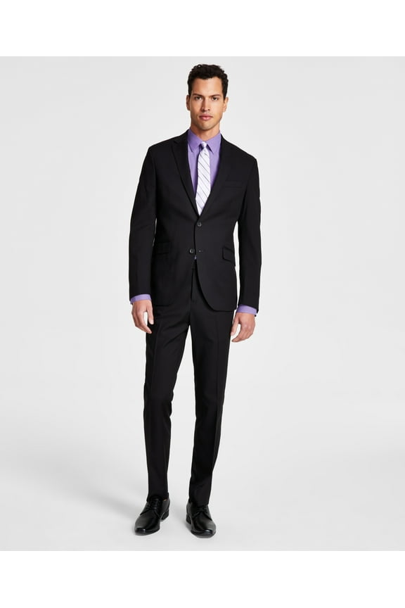 Mens Slim fit 2 Piece Suit 42 R / 35 Waist Black Solid Stretch