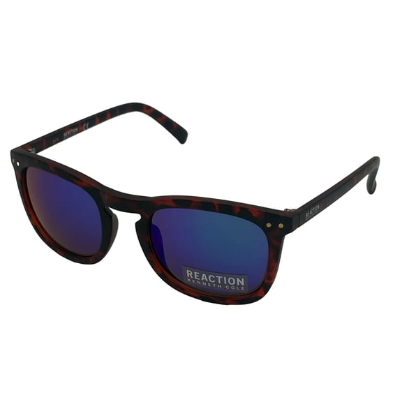 Kenneth Cole Reaction Mens Square Matte Tortoise Plastic Sunglass, Blue Flash Lens KC1306. 52X