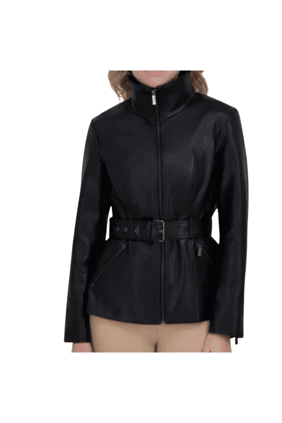 Women's Belted Faux Leather Jacket, Black, Small
