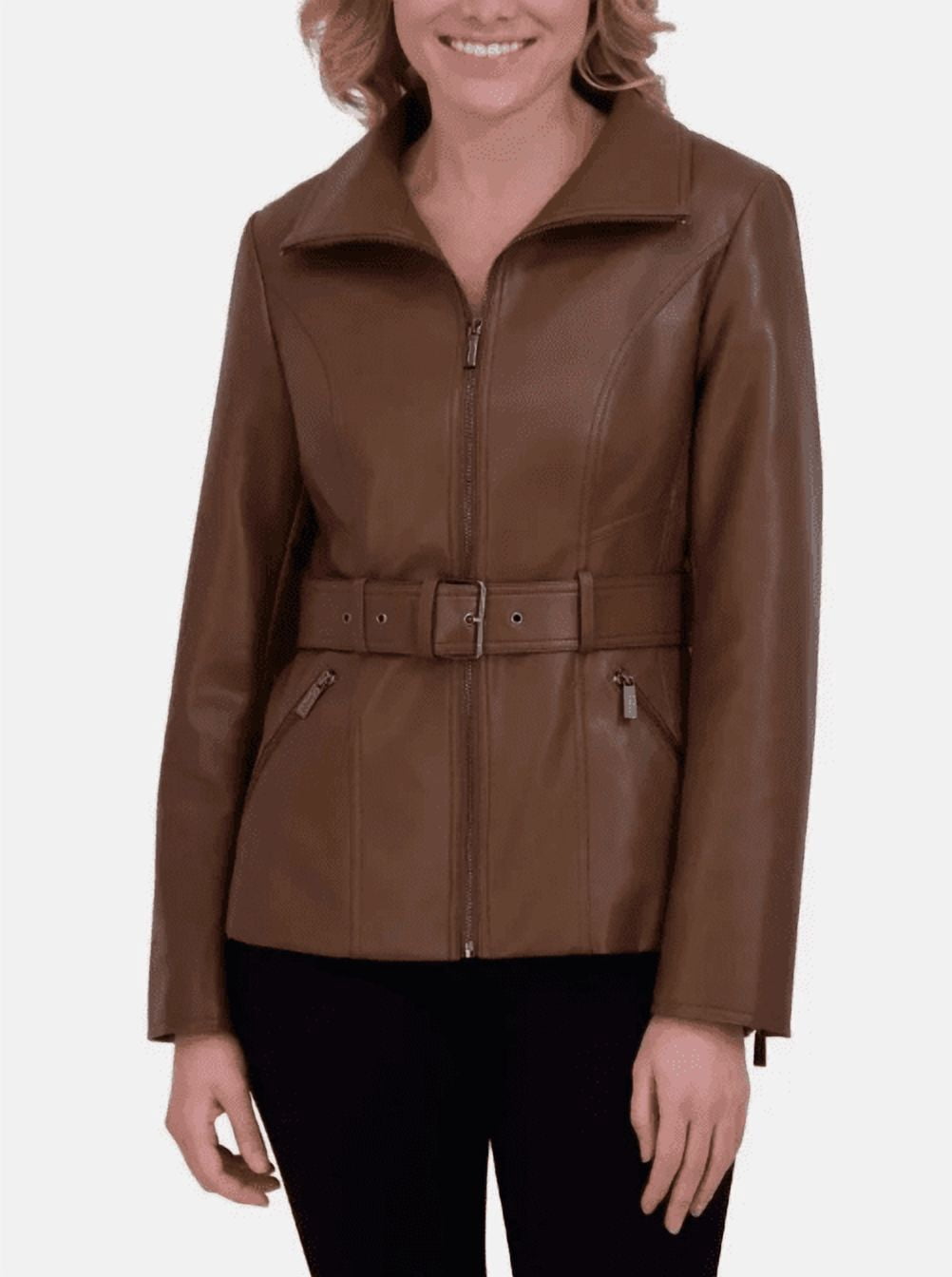 Kenneth Cole Women's Belted Faux Leather Jacket Brown Large