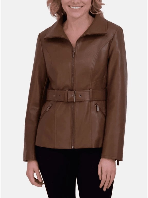 Women's Belted Faux Leather Jacket Brown Large