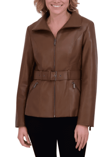 KENNETH COLE Women's Belted Faux Leather Jacket Brown Medium