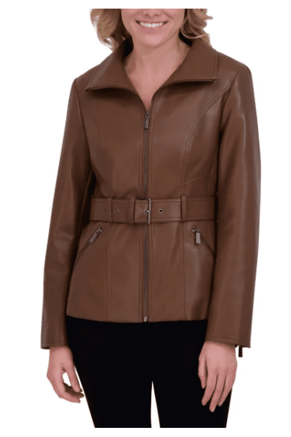 Women's Belted Faux Leather Jacket Brown Medium