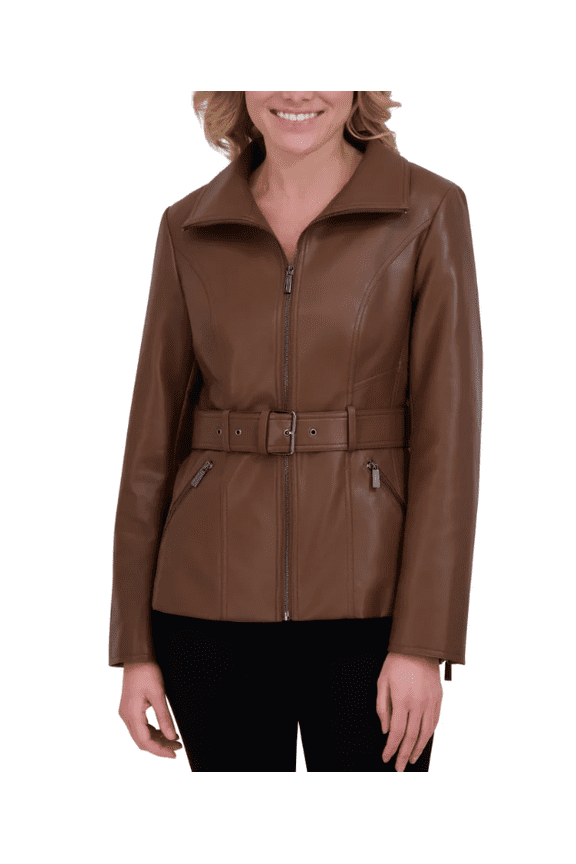 Women's Belted Faux Leather Jacket Brown Small