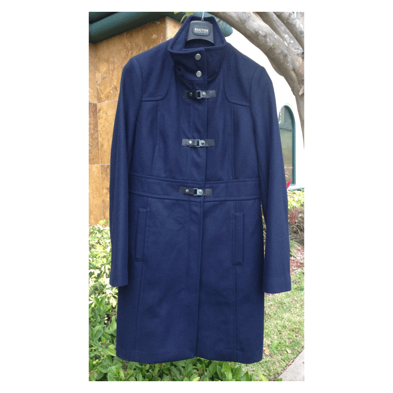 Kenneth Cole Women s Faux Leather Trim Buckle Front Walker Coat Size 12 258