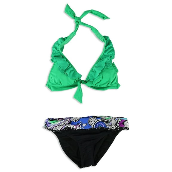 Kenneth Cole Womens Banded Paisley 2 Piece Bikini, Green, Small