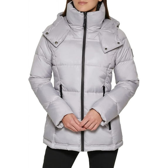 Kenneth Cole Women's Horizontal Zip Puffer, Silver, Medium