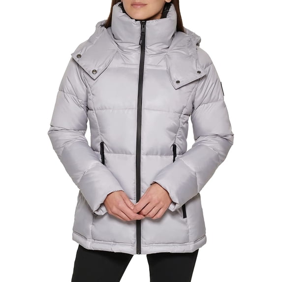 Kenneth Cole Women's Horizontal Zip Puffer, Silver, X-Small