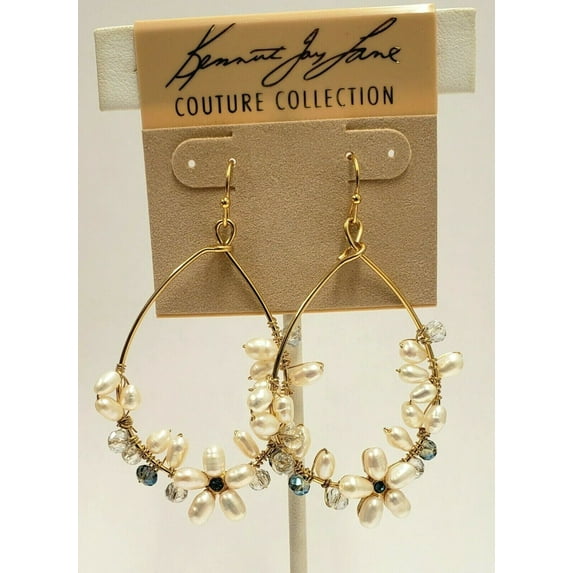 Kenneth Jay Lane Gold Plated Flower Simulated Pearl Glass Crystal Hoop Pierced Earring