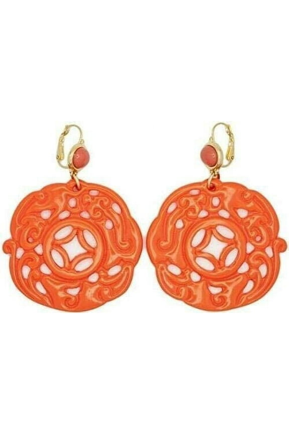 Gold Plated Resin Coral Carved Drop Wire Pierced Earrings