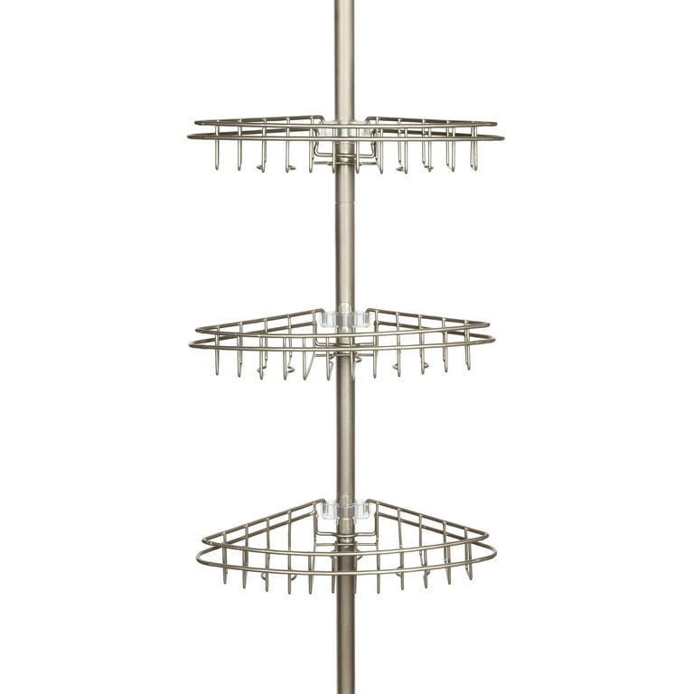 Kenney 3-Tier Stainless Steel Spring Tension Shower Corner Pole Caddy with Four Clip-on Hooks and Razor Holders, Satin Nickel Kenney 3-Tier Stainless Steel Spring Tension Shower Corner Pole Caddy with Four Clip-on Hooks and Razor Holders, Satin Nickel