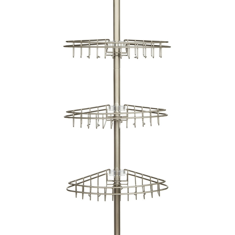 Kenney® 3-Tier Stainless Steel Spring Tension Shower Corner Pole Caddy with  Four Clip-on Hooks and Razor Holders, Satin Nickel 
