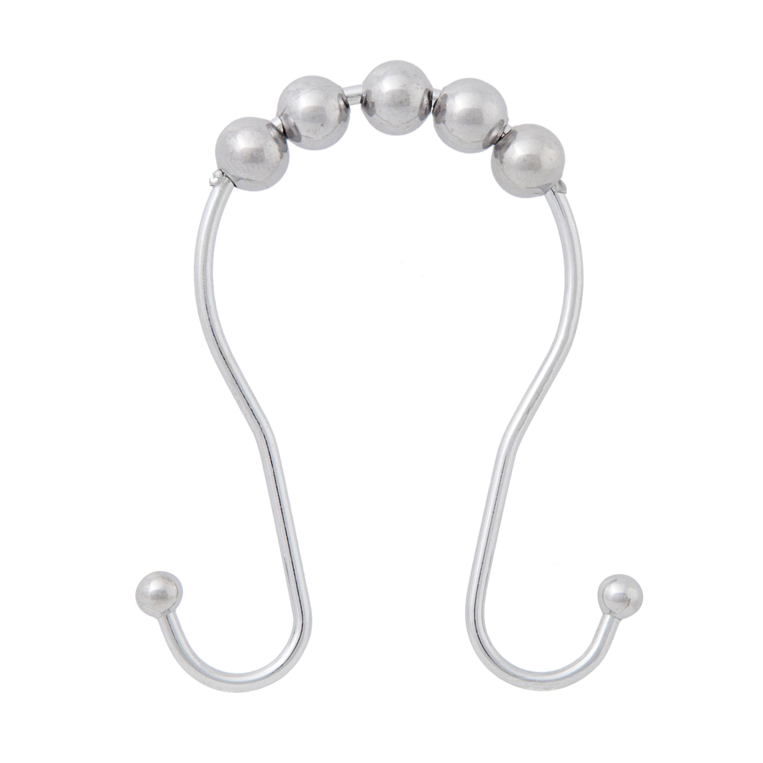 Chrome Metal Beaded Roller Ball Shower Curtain Double Hooks, Set of 12