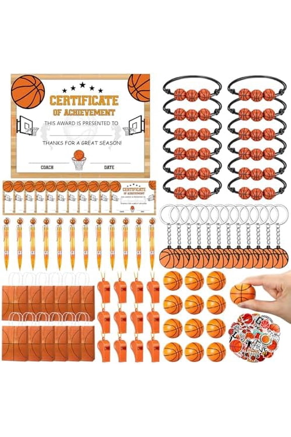 Kenning 134 Pcs Basketball Party Favors Set Basketball Themed Goodie Bags Stuffers Sport Party Team Gifts Include Award Certificates Bracelets Stress Balls Keychains Gift Bags Whistles Pens Stickers