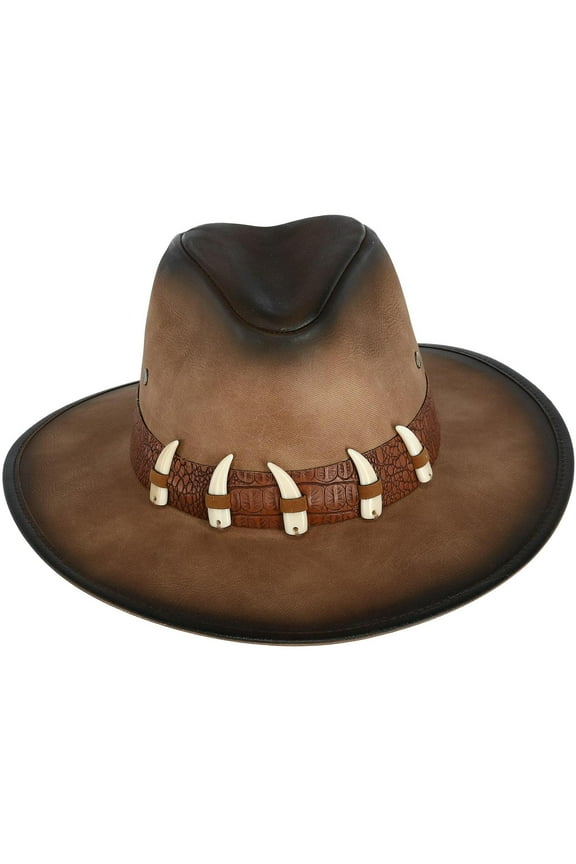 Distressed Faux Leather Western Hat with Faux Animal Teeth (Men)