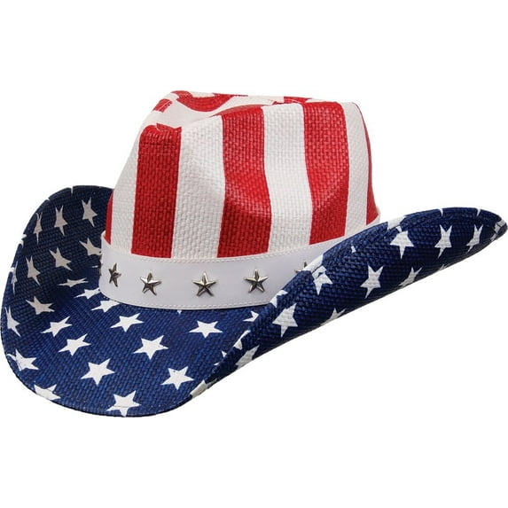 Kenny K Western Cowboy Hat USA Flag Patriotic Stars & Stripes 4th of July & Year Round ST10 Multiple Styles Toyo Straw (Red White and Blue Style E,Medium)